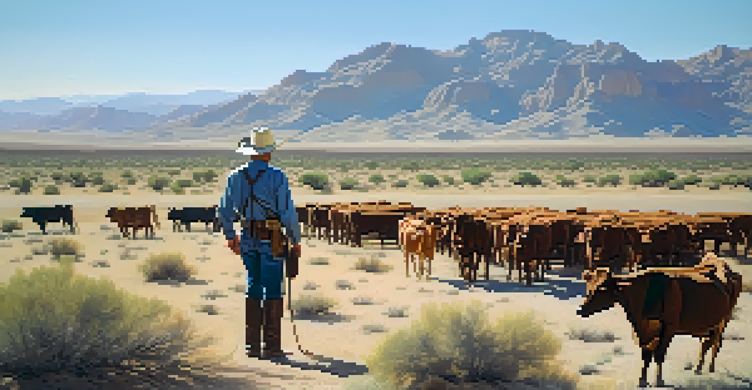 A rancher next to a herd of cattle in the Arizona desert.