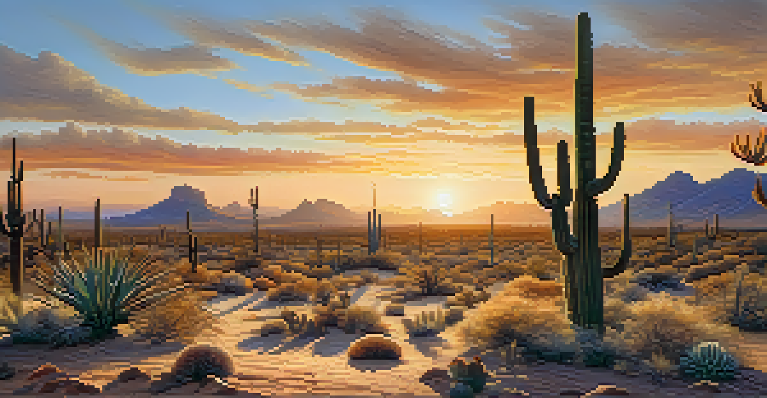 An Arizona desert landscape at dawn, with a vibrant sunrise and traditional Native American symbols etched in the sand.