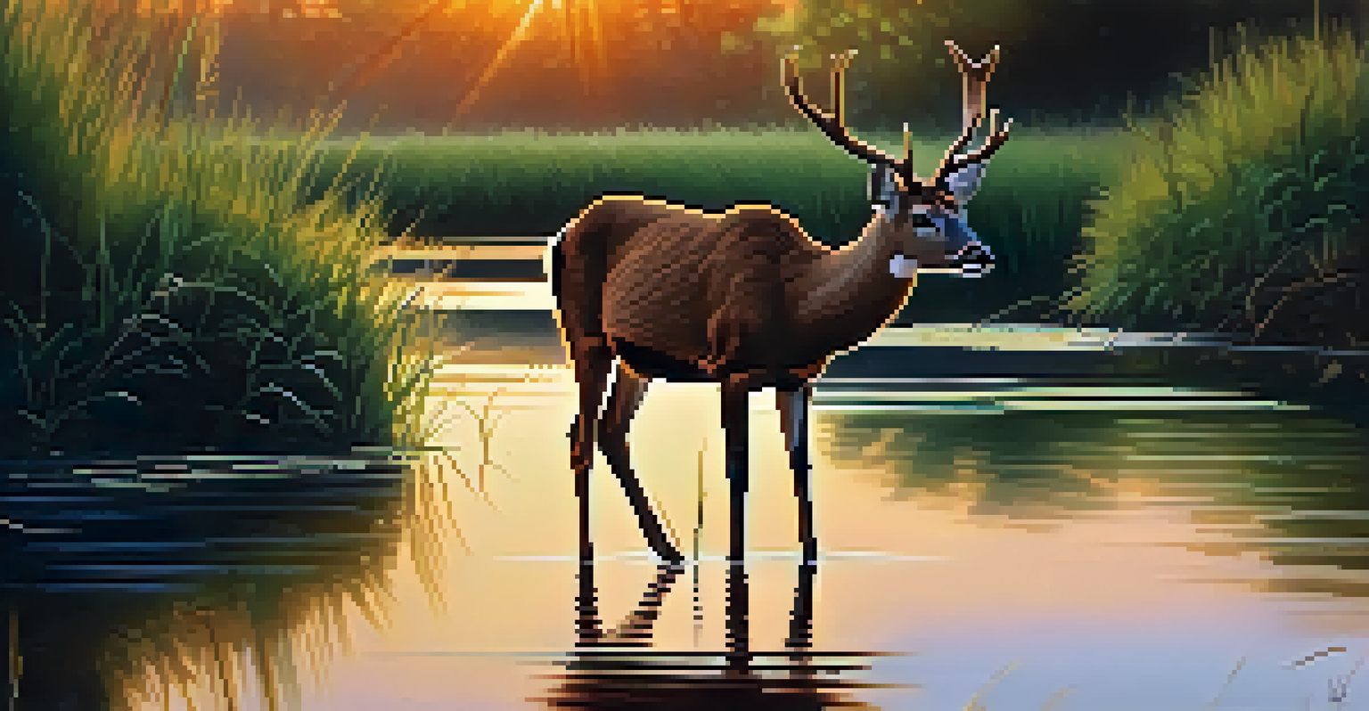 A deer near a waterhole at sunset, surrounded by lush vegetation and reflecting warm sunlight.