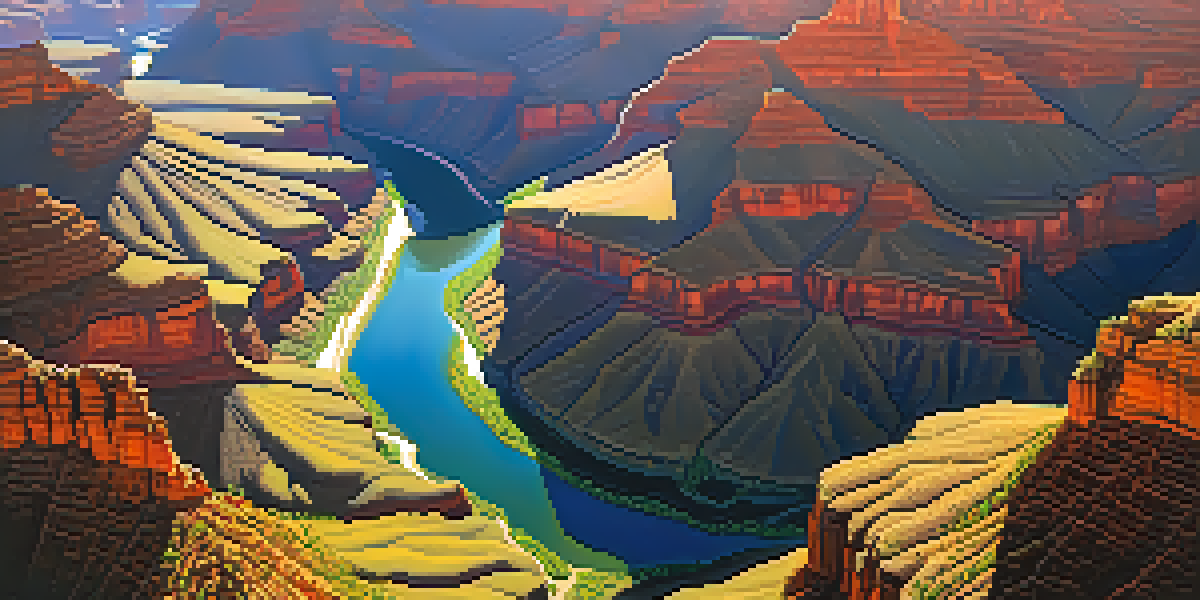 A stunning aerial view of the Grand Canyon showing rock layers and the Colorado River.