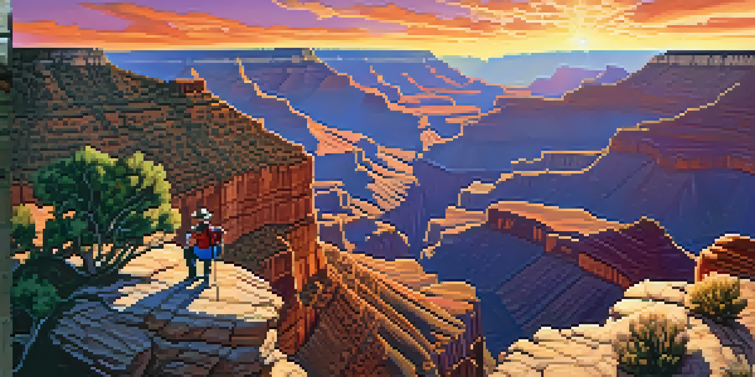A beautiful sunset view of the Grand Canyon with a hiker silhouette at the edge, showcasing vibrant colors and rugged rock formations.