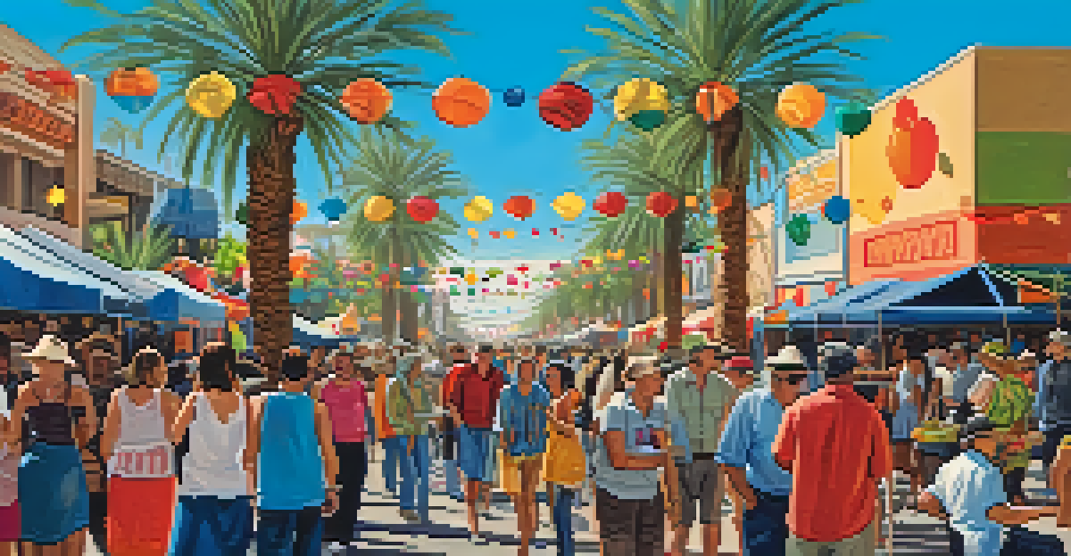 A vibrant cultural festival in Phoenix with decorations, food stalls, and diverse people celebrating.