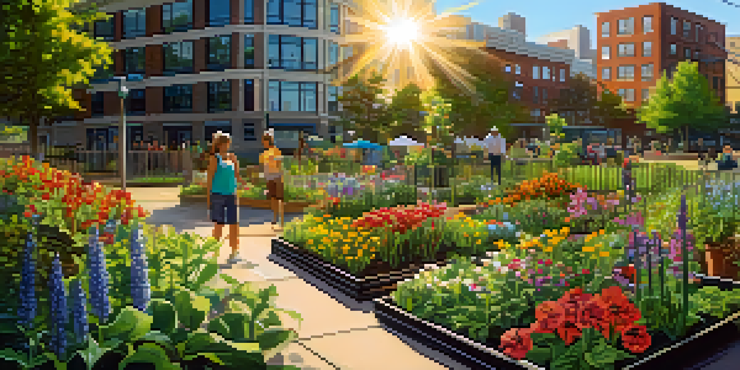 A community garden filled with colorful flowers and native plants in front of city buildings, illuminated by sunlight filtering through the leaves.
