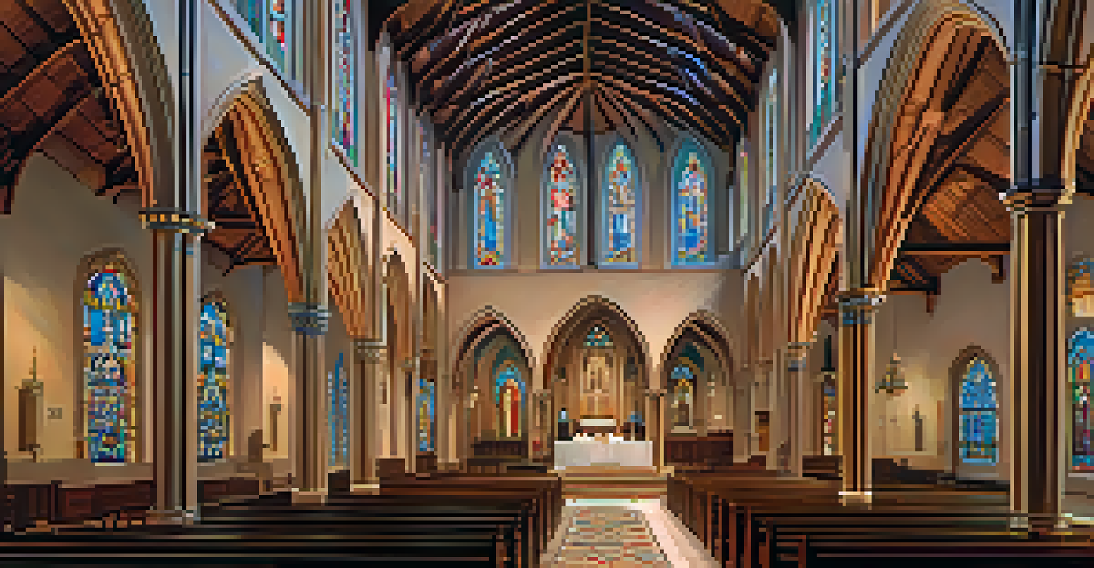 The interior of St. Augustine Cathedral, showcasing stained glass windows and intricate religious art in a blend of Romanesque and Gothic styles.
