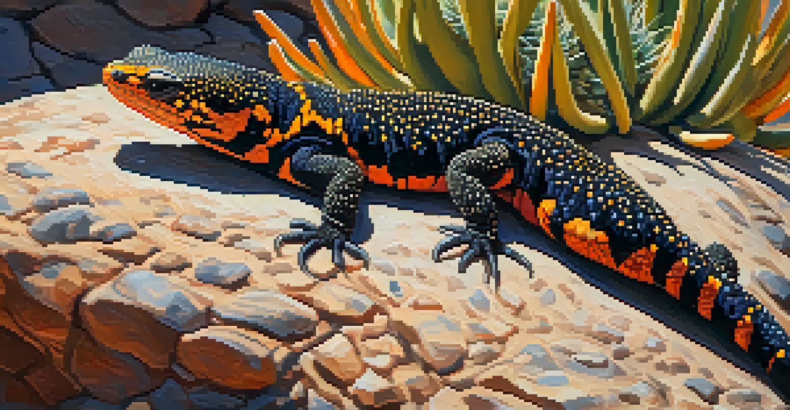 A Gila monster resting on a rock in the Sonoran Desert with cacti and desert plants in the background.
