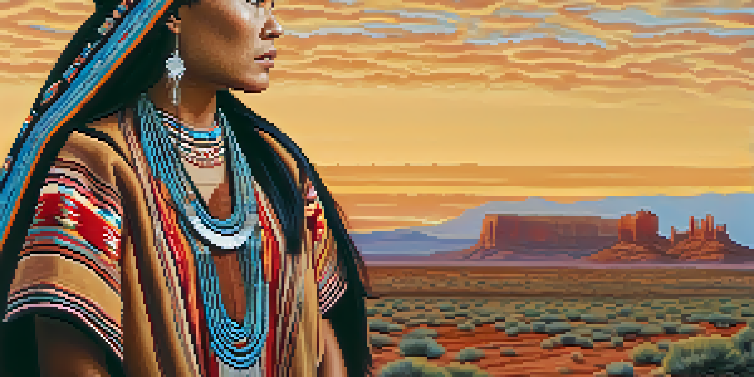 A Navajo woman in traditional clothing weaving a colorful rug in a desert landscape during golden hour.