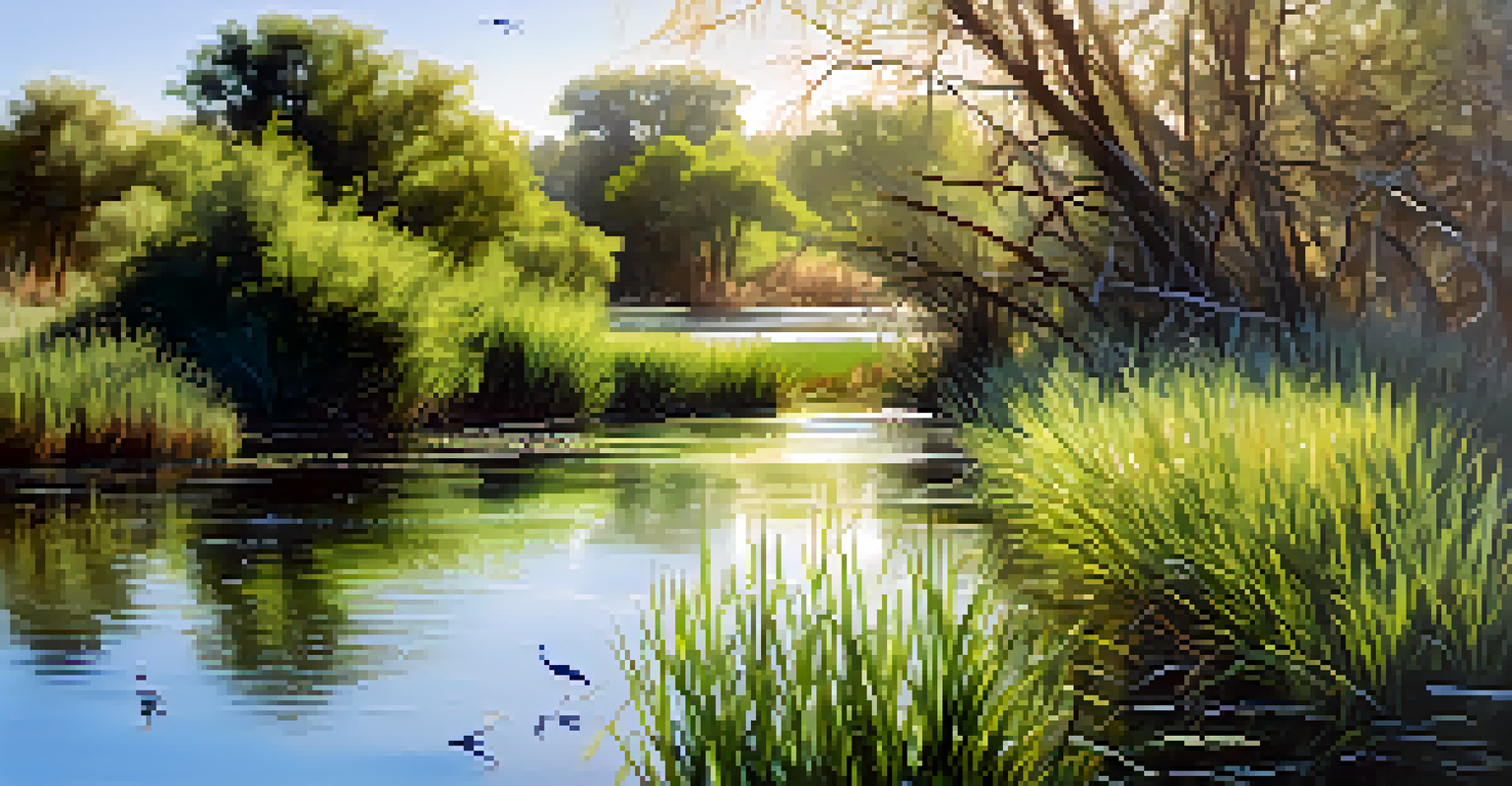 A peaceful morning at the San Pedro Riparian area with birds along the riverbank and sunlight filtering through trees.