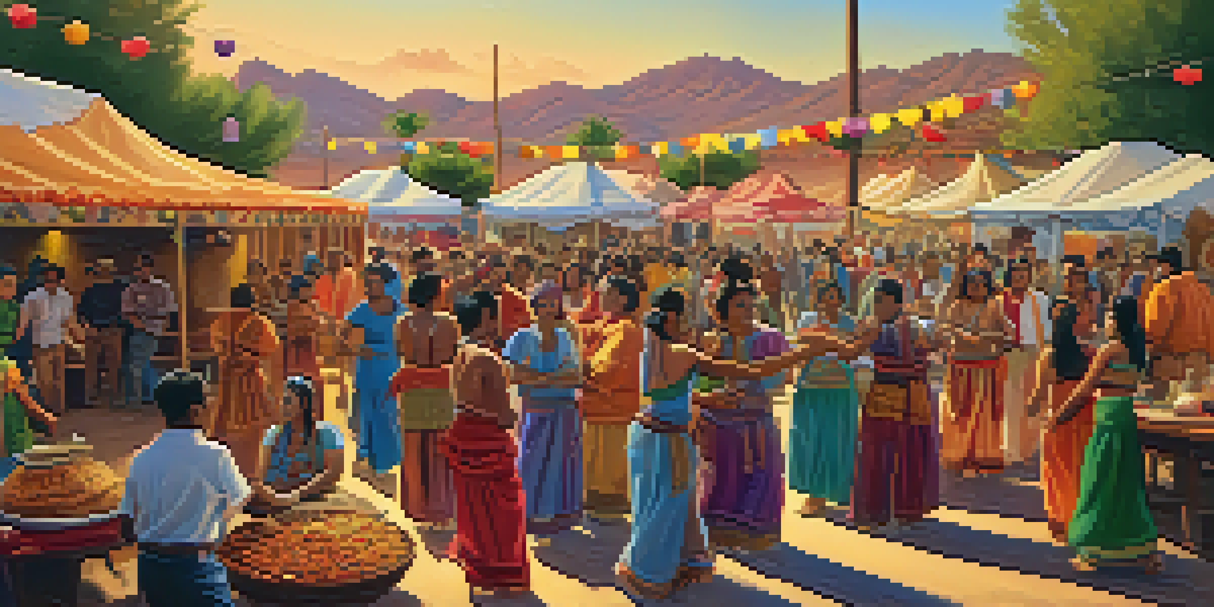 A lively cultural exchange festival in Arizona with people dancing in traditional clothing and food stalls in the background during sunset.