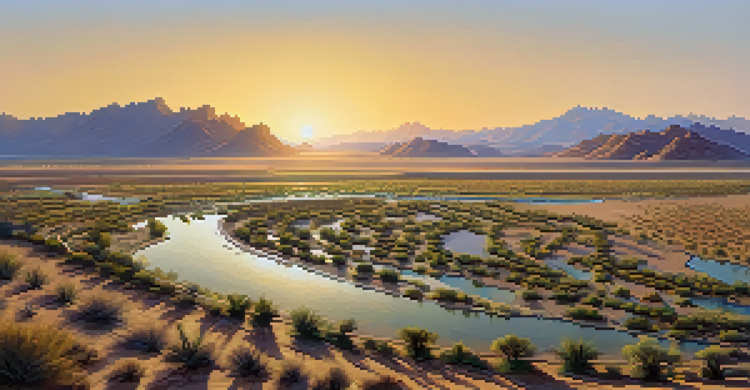 Wide view of ancient Hohokam irrigation canals in the Sonoran Desert at sunset.