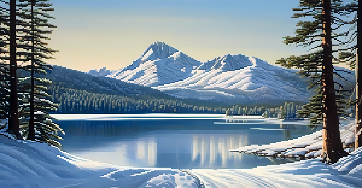 A serene winter scene in the San Francisco Mountains with snow-covered trees and a frozen lake.