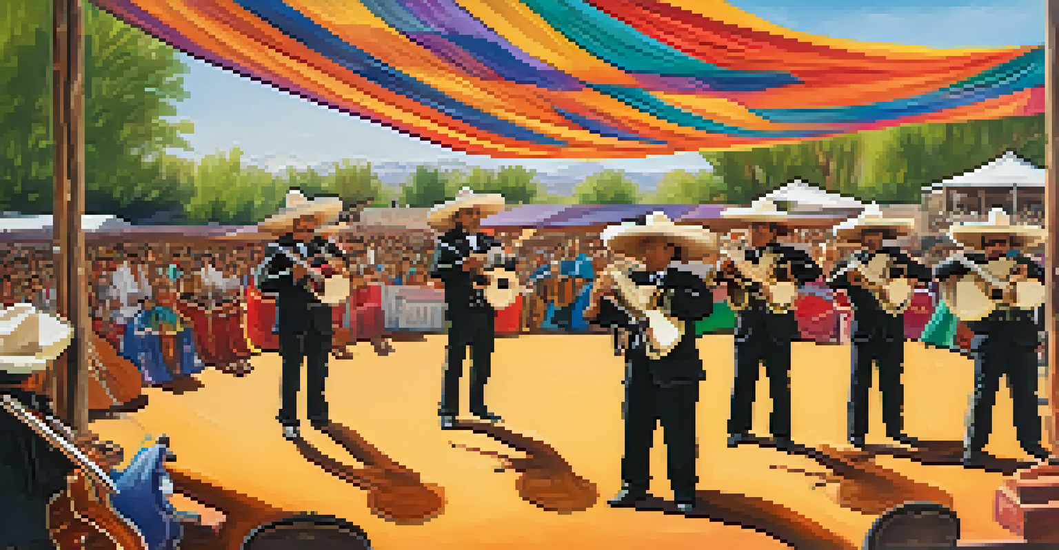 Mariachi performers in traditional costumes playing instruments on stage at Tucson's Mariachi Conference, with an engaged audience.