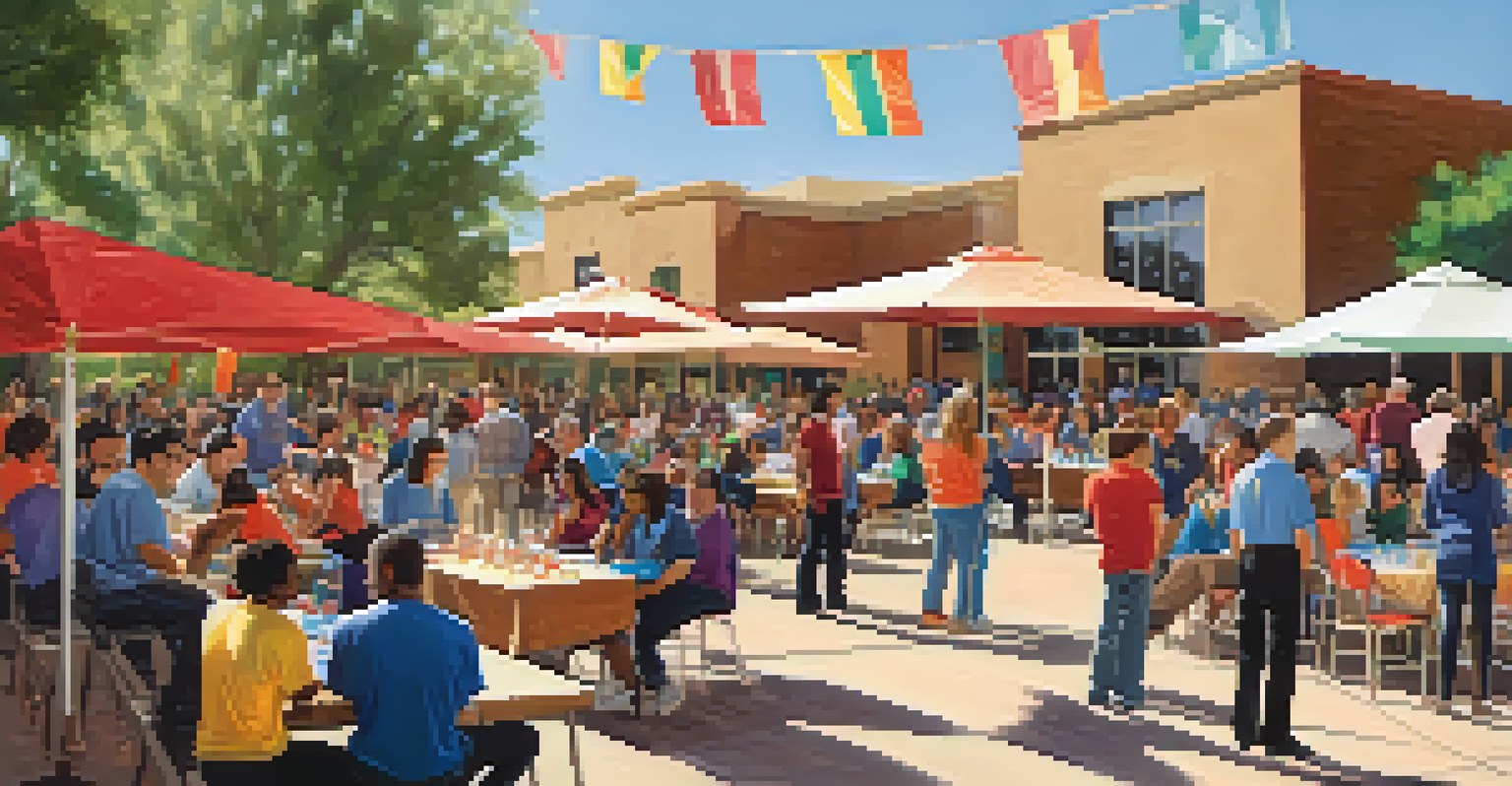 A community engagement event at a university in Arizona, with students and local residents participating in a workshop surrounded by colorful banners and tables.