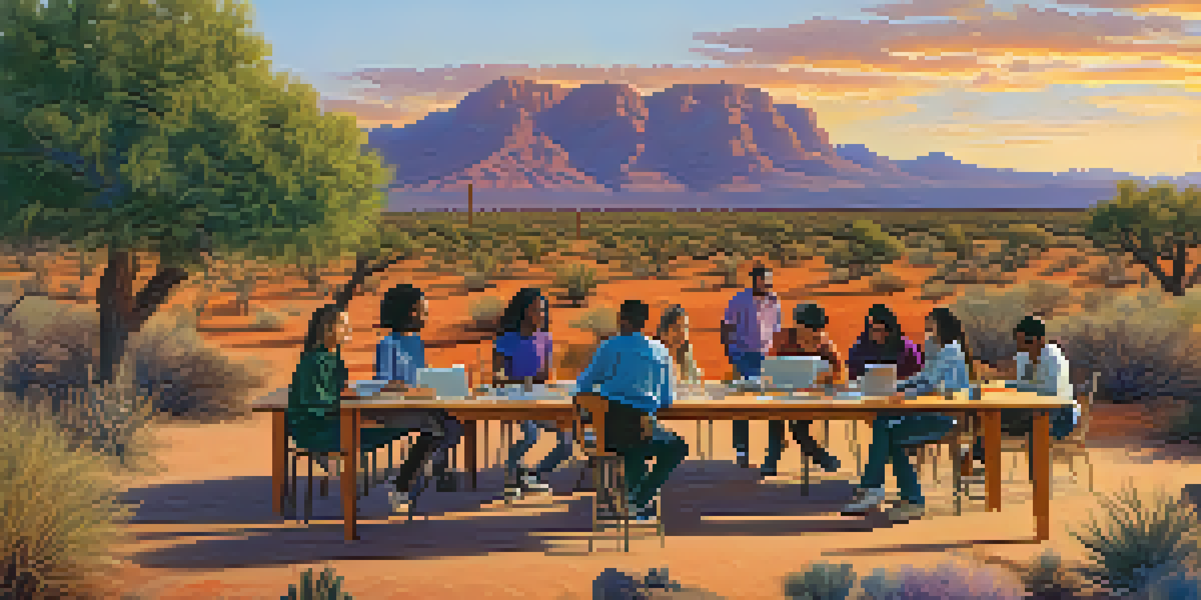 A group of diverse high school students learning outdoors in a rural Arizona landscape during sunset.