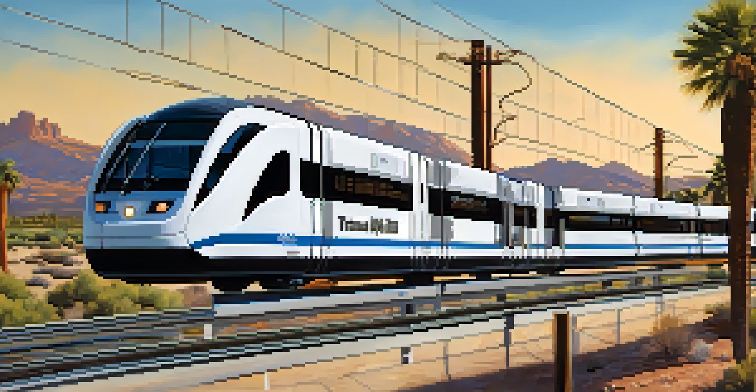 A modern light rail train in Tucson with passengers onboard, set against a city landscape.