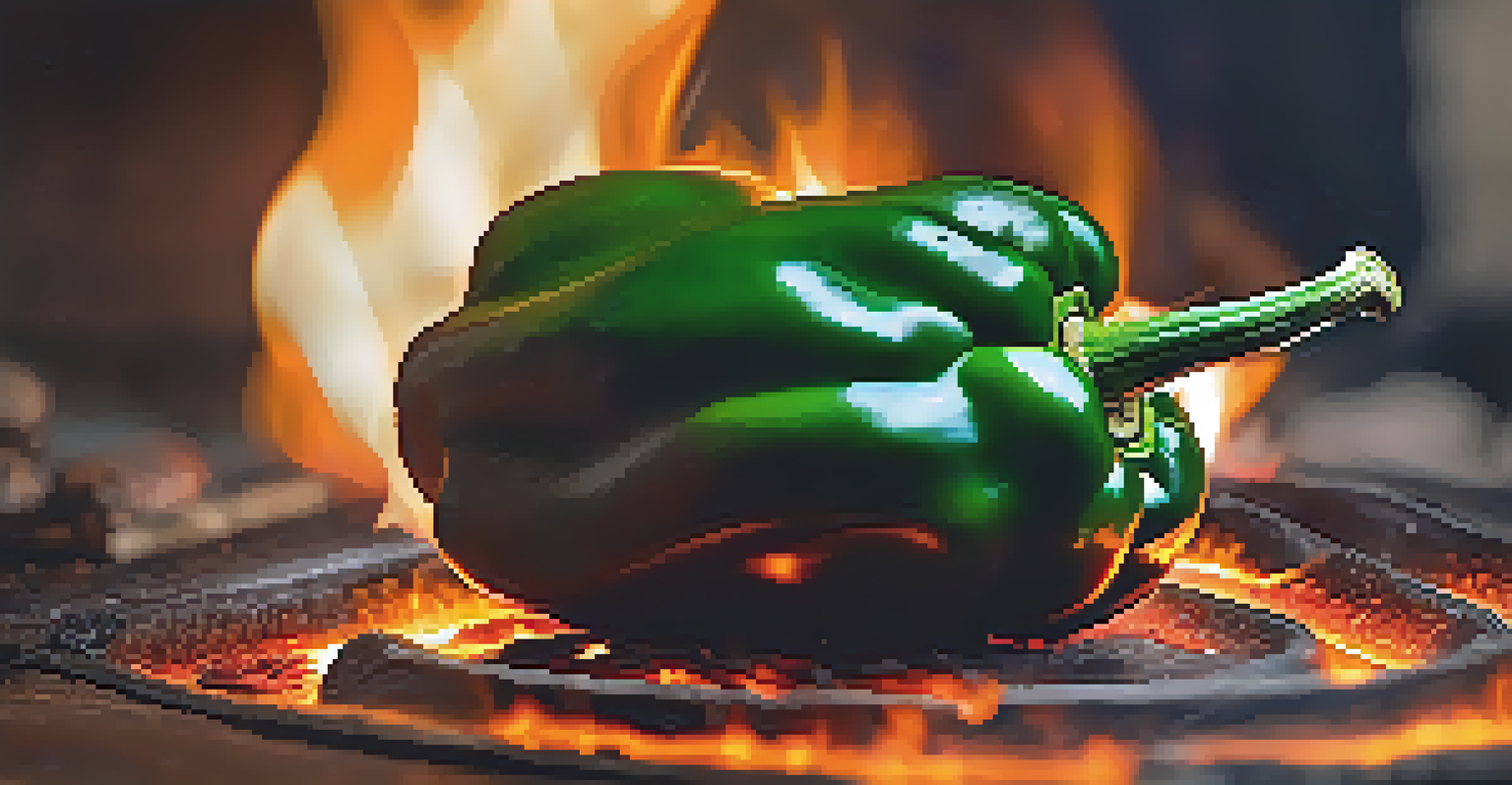 A close-up of a Poblano pepper being roasted over an open flame, showing charred skin and glowing embers.