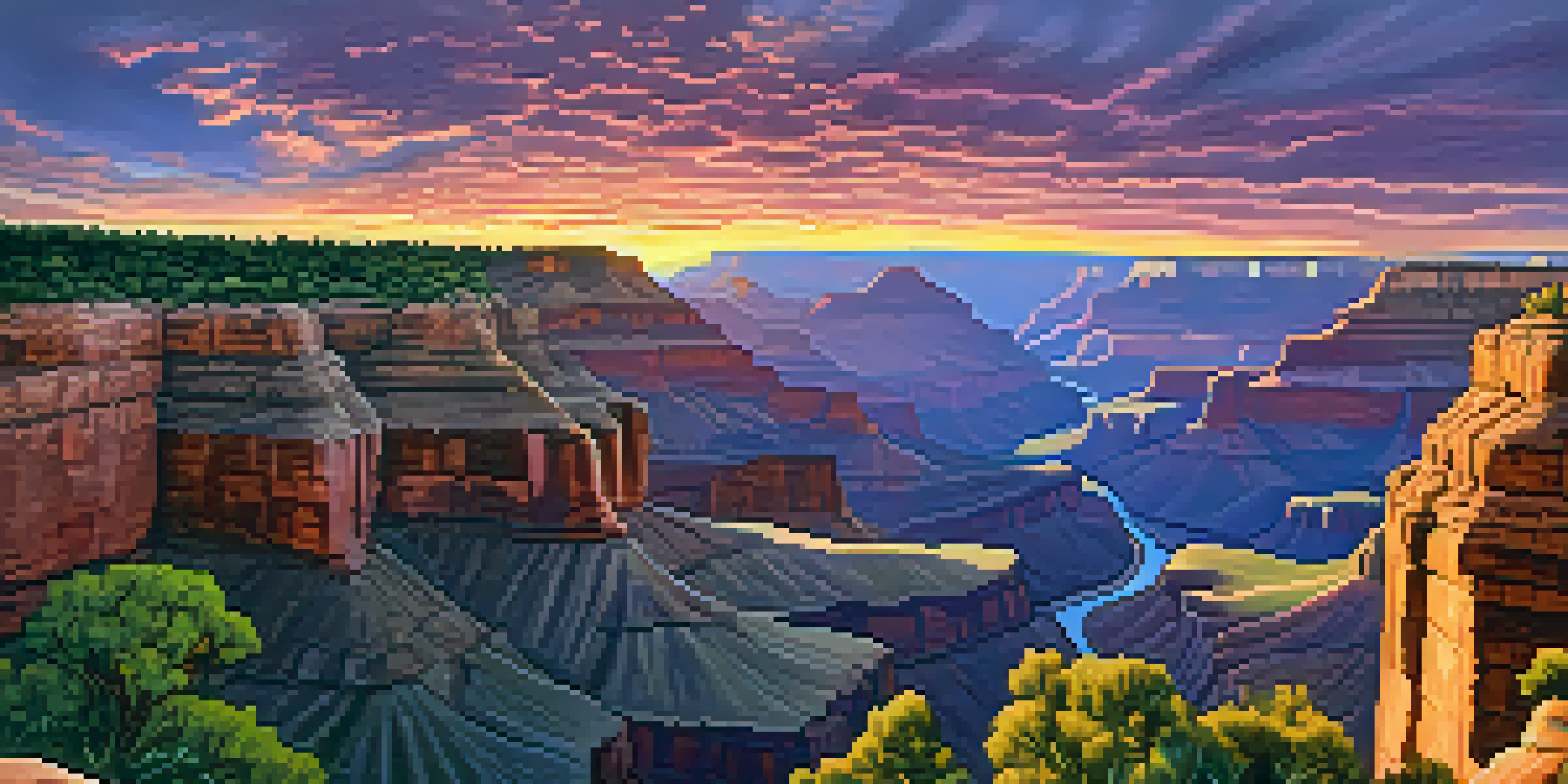 A sunset view of the Grand Canyon with colorful rock layers and the Colorado River visible, surrounded by greenery.