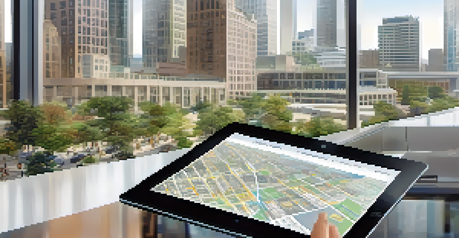 A close-up of a digital urban planning map on a tablet, with people discussing in a modern office setting.