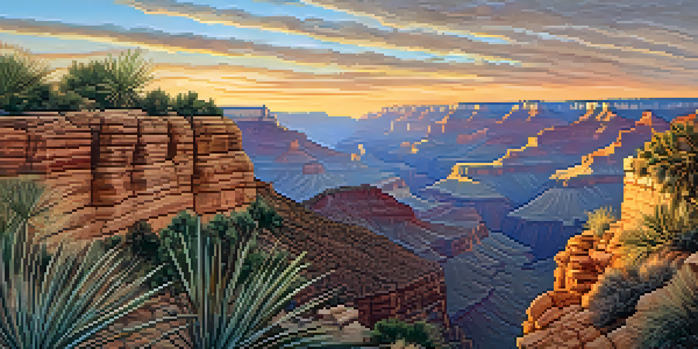 A panoramic view of the Grand Canyon at sunset with golden and orange hues illuminating the canyon walls and desert plants in the foreground.