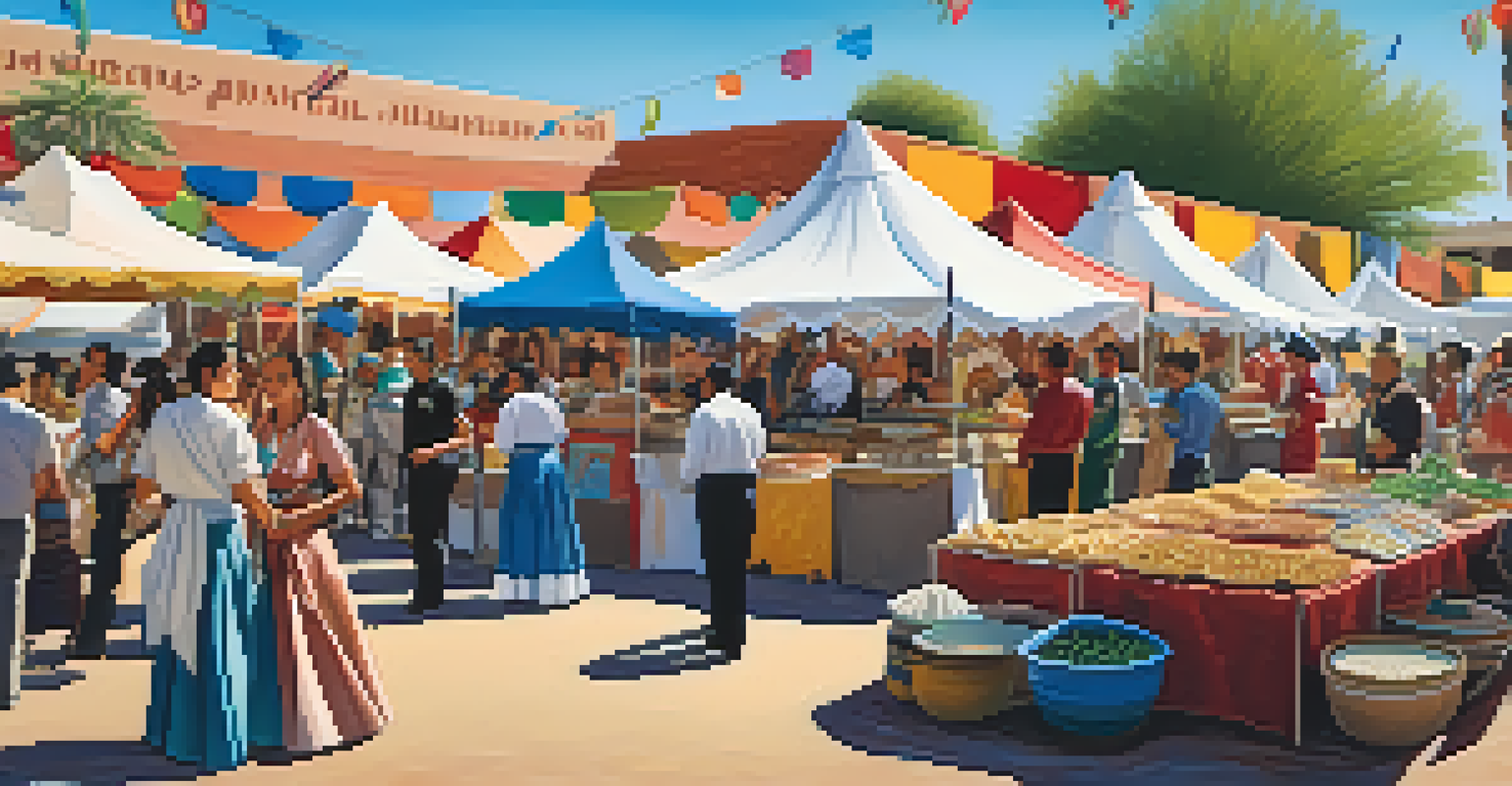 An outdoor cultural festival in Tucson with food stalls, artisans, and musicians, creating a lively atmosphere.