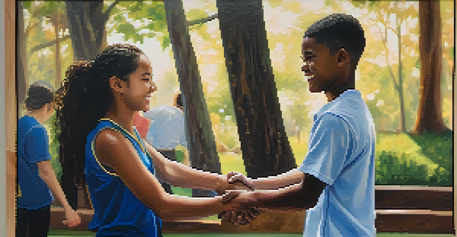 Two students from different cultures shaking hands, smiling, with a softly blurred background and warm natural light.