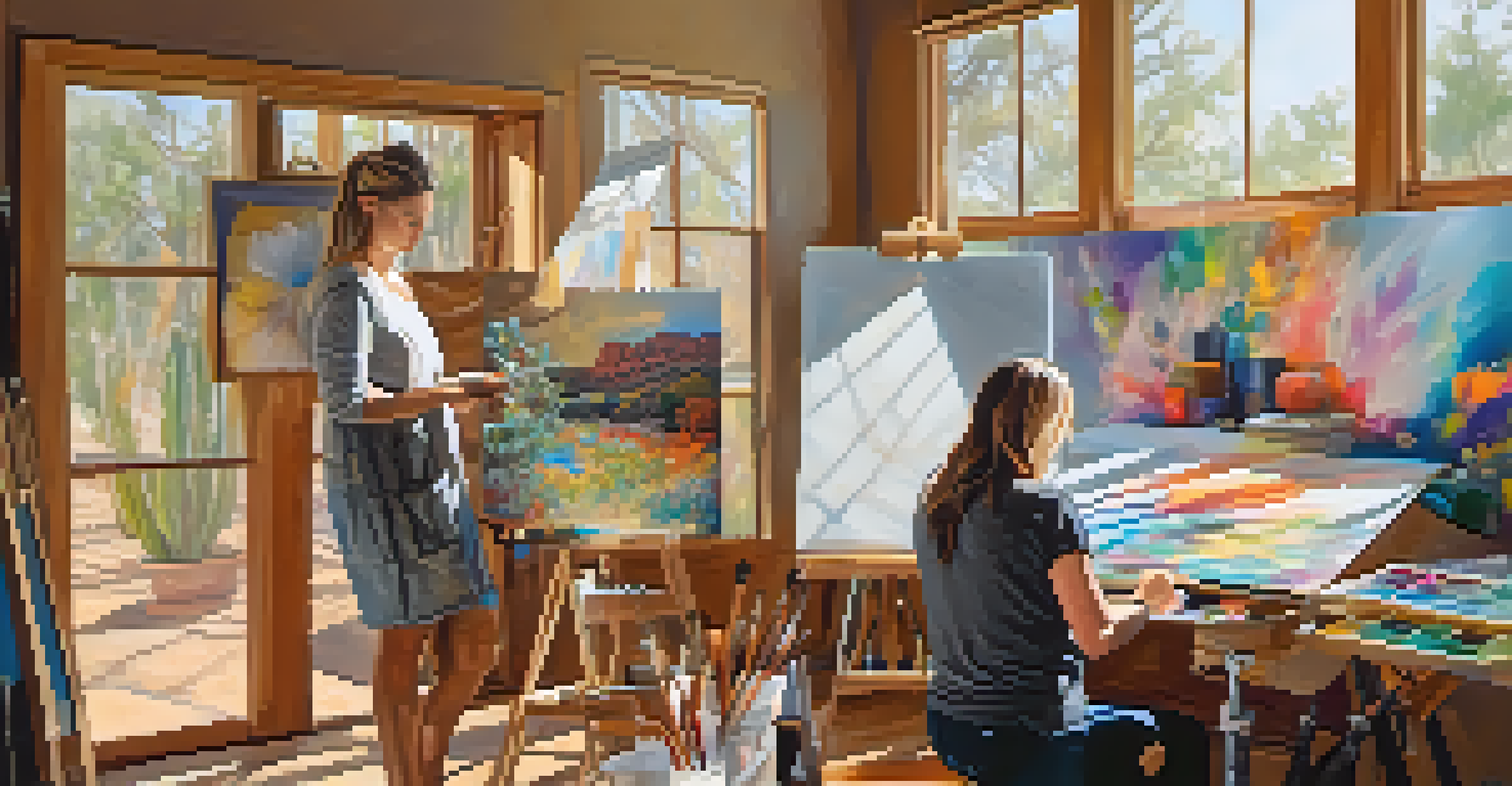 An artist working in a sunlit studio, surrounded by colorful paintings and art supplies, showcasing the creative process.