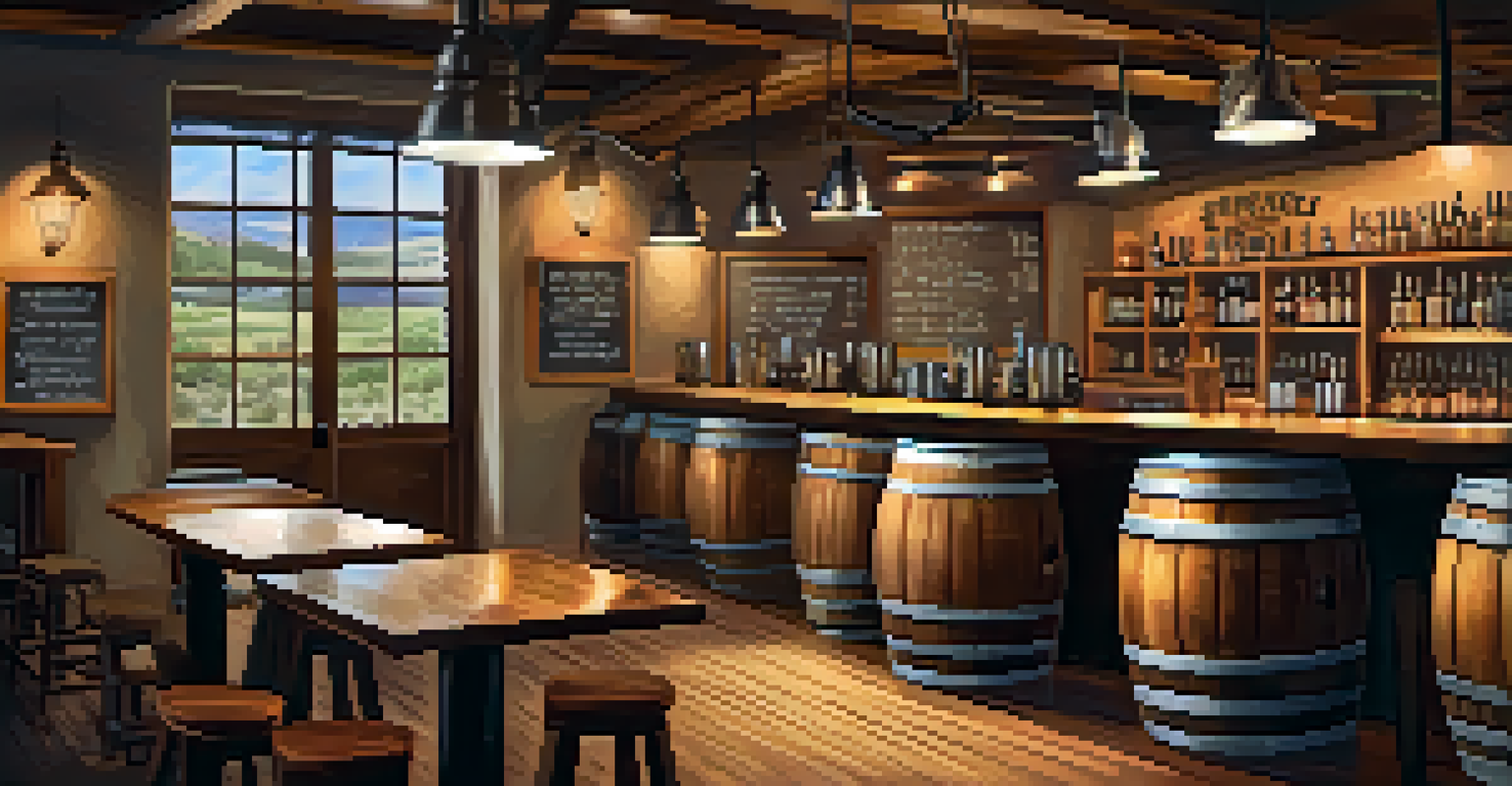A cozy brewery interior with wooden barrels, brewing equipment, and patrons enjoying craft beer in warm lighting.