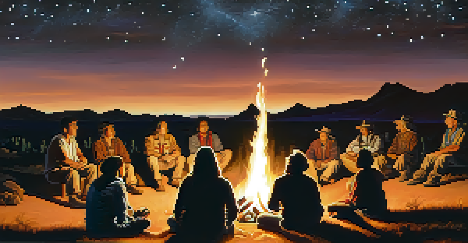 A Native American storyteller sharing tales around a campfire under the stars.
