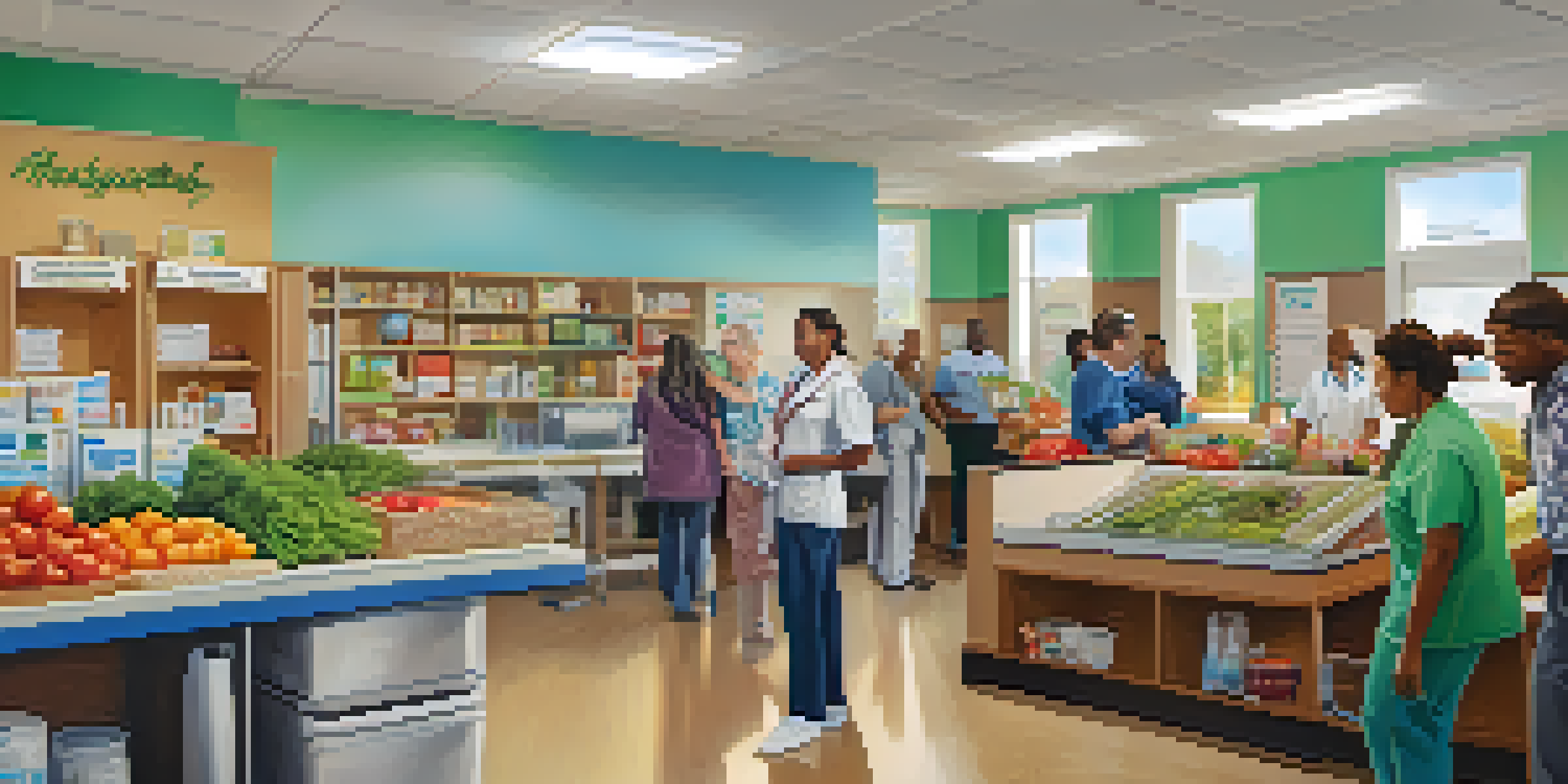 A lively community health clinic with families of different ethnicities interacting with staff, and a display of healthy food options in the background.
