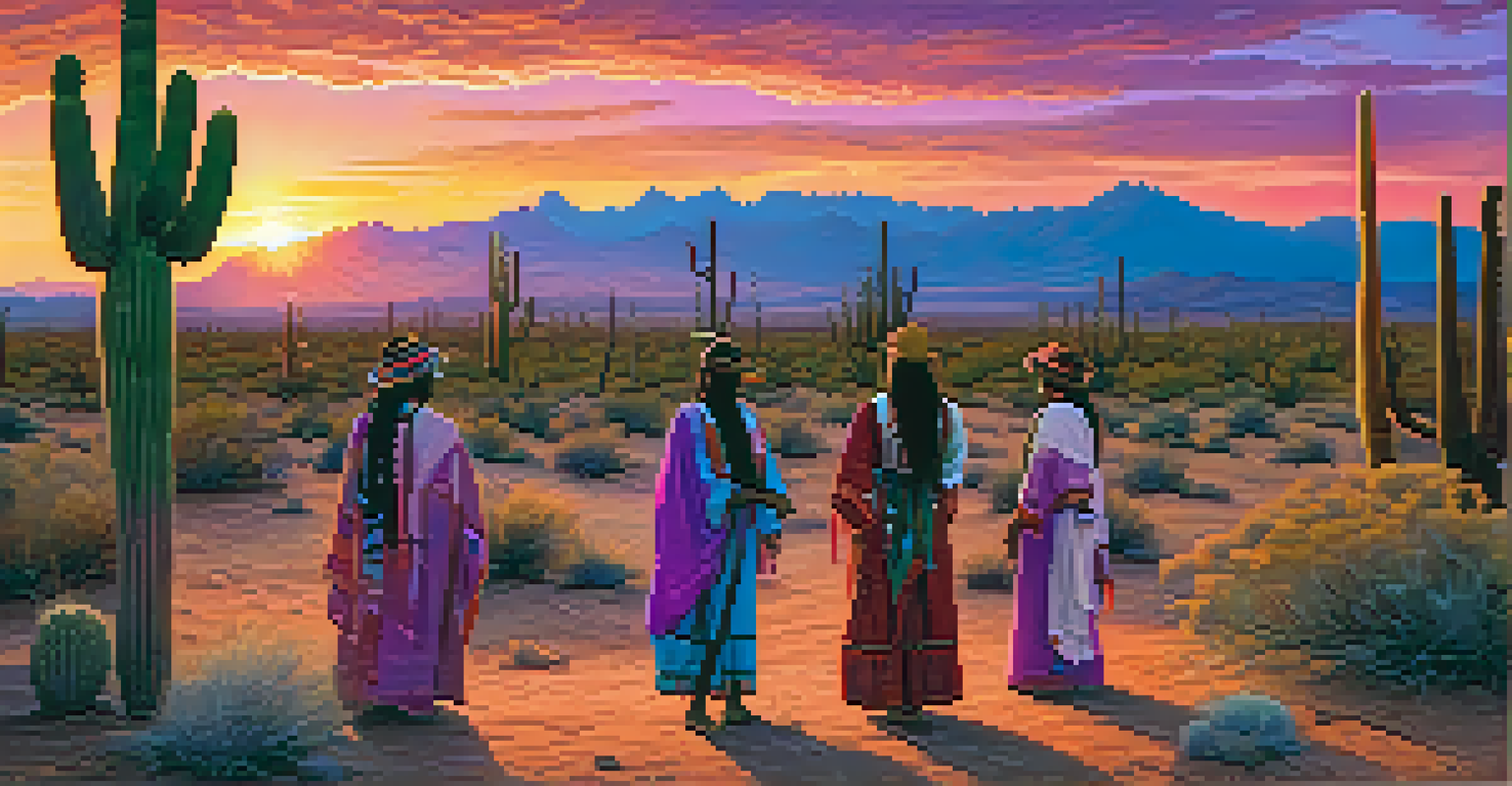 A picturesque Arizona desert sunset with Indigenous people participating in a cultural ritual among saguaro cacti.
