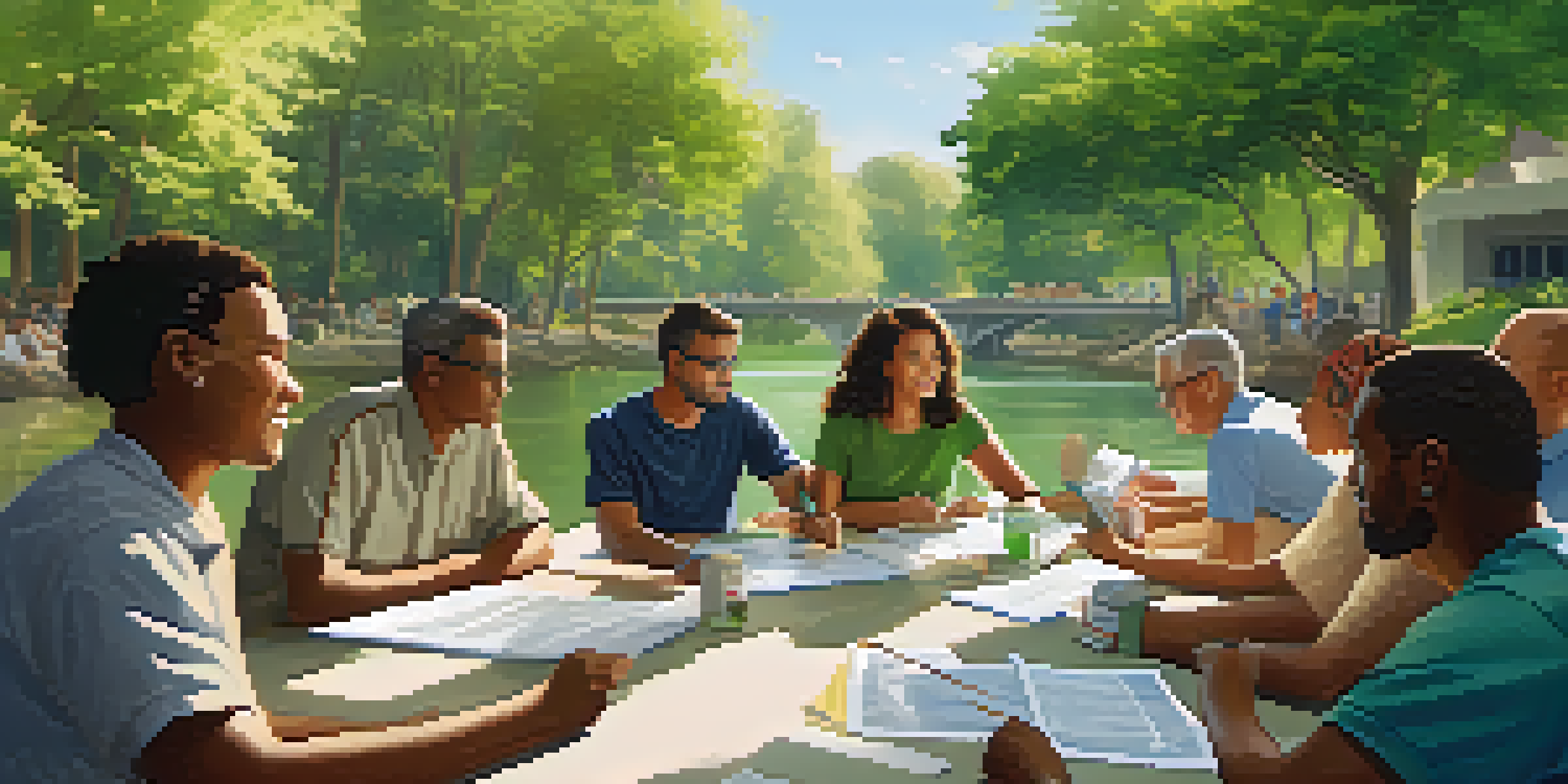 A diverse group of residents engaged in an outdoor meeting about water management, surrounded by nature and a river.