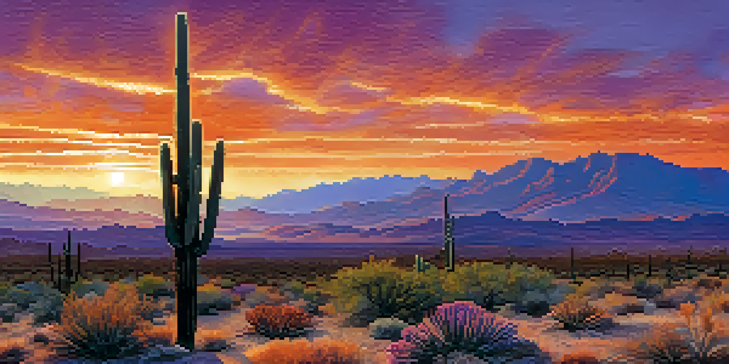 A panoramic view of the Arizona landscape at sunset with a saguaro cactus in the foreground and colorful mountains in the background.