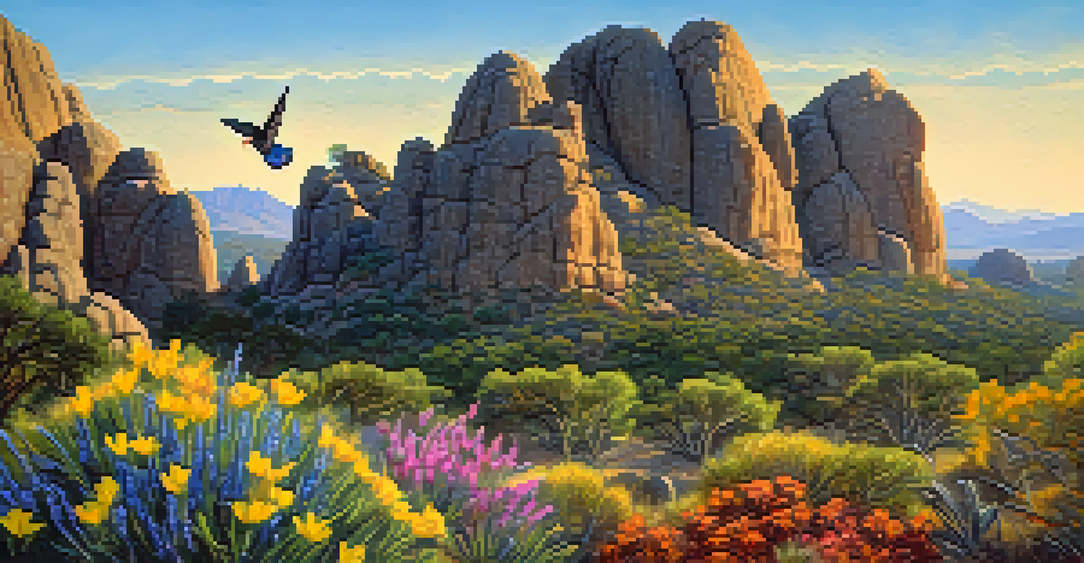 Chiricahua National Monument with a Montezuma quail and hummingbirds among wildflowers.