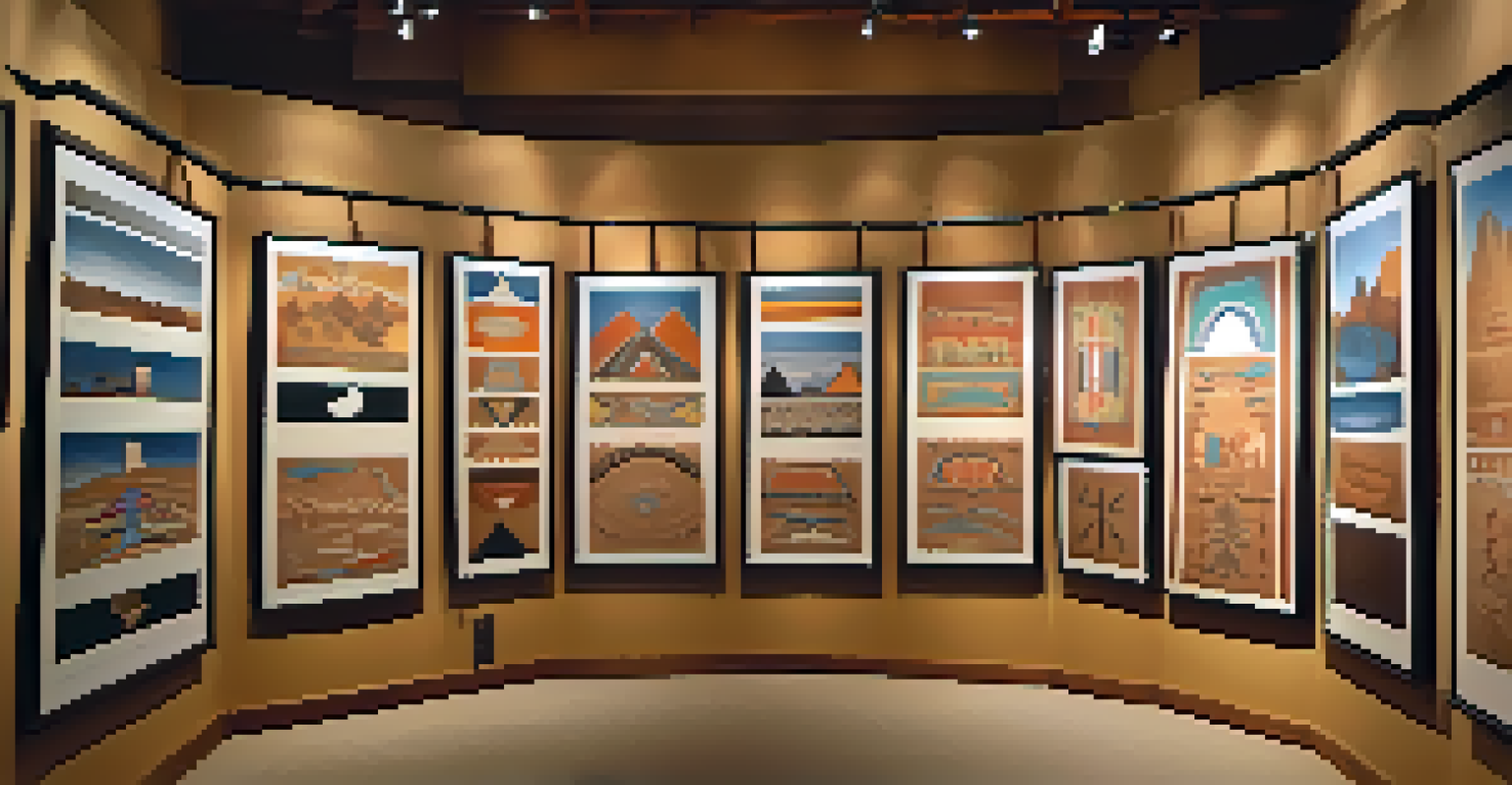 An exhibition of Navajo sandpaintings in a cultural gallery, showcasing various designs and colors, with informative descriptions beside each artwork.