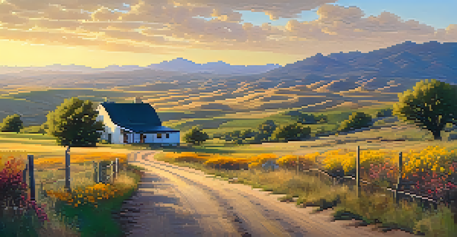 A peaceful rural scene in Yavapai County, Arizona, with hills, wildflowers, and a farmhouse under a beautiful sunset.