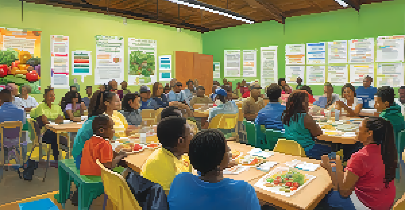 A nutrition education workshop in a community center, with diverse participants learning from a speaker surrounded by colorful health posters.
