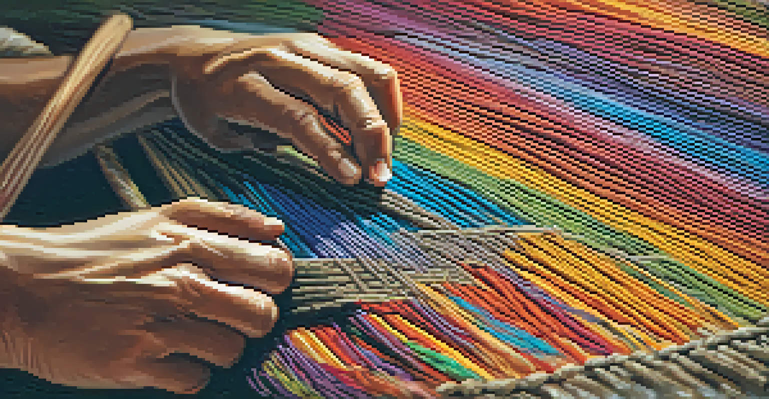 A close-up of hands weaving a colorful textile, highlighting the texture of the fibers and the artisan's concentration in a softly lit environment.