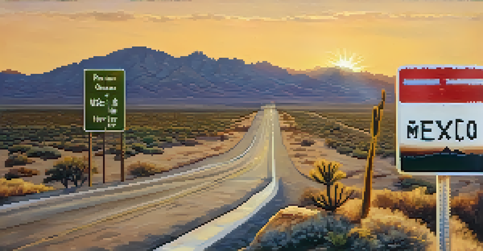 A close-up of a highway sign pointing towards Mexico with a sunset over the Arizona landscape.