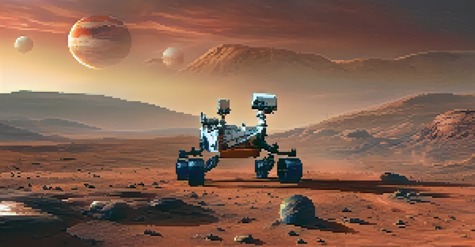 An image of the Mars landscape with the Perseverance rover exploring the rocky terrain under a colorful sunset sky.