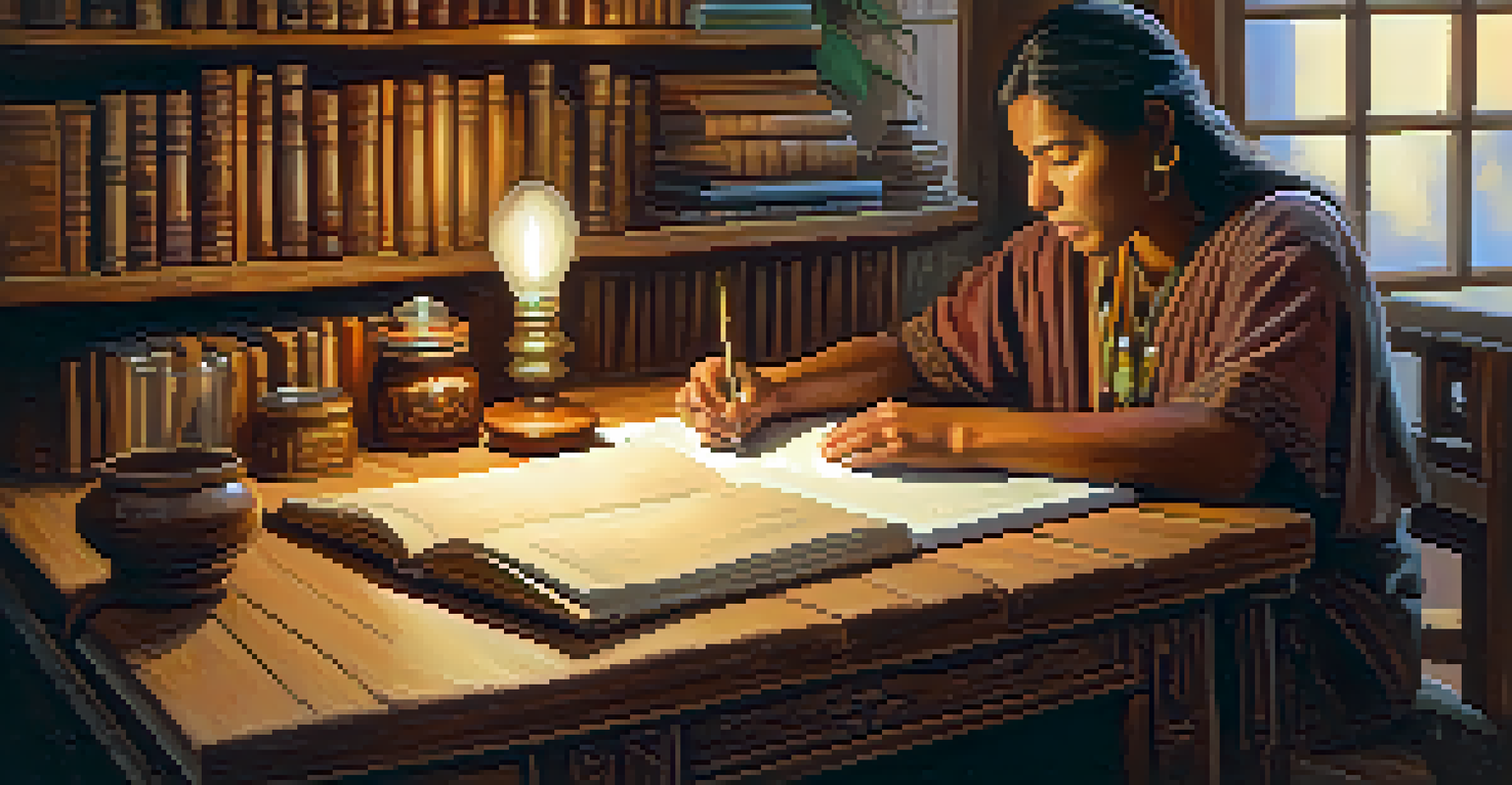 An Indigenous author writing at a wooden desk with cultural artifacts and books around them.