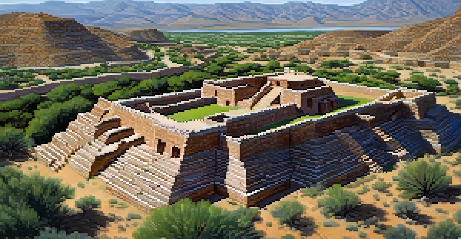 An aerial perspective of Tuzigoot National Monument showing ancient adobe structures and the Verde River, surrounded by arid hills and greenery.
