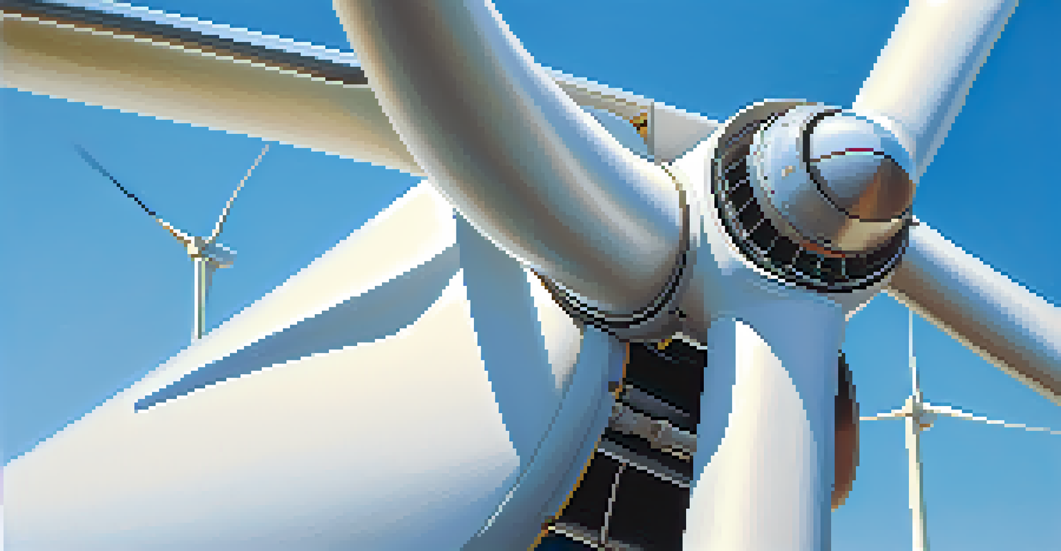 A detailed close-up of a wind turbine with blue sky in the background, showcasing its design and technology.