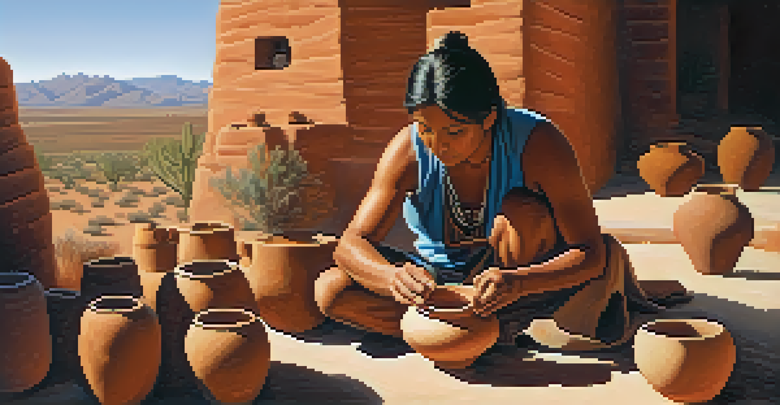 A Hopi potter working on pottery outdoors, with decorated pots and Arizona mountains in the background, illuminated by warm afternoon sunlight.