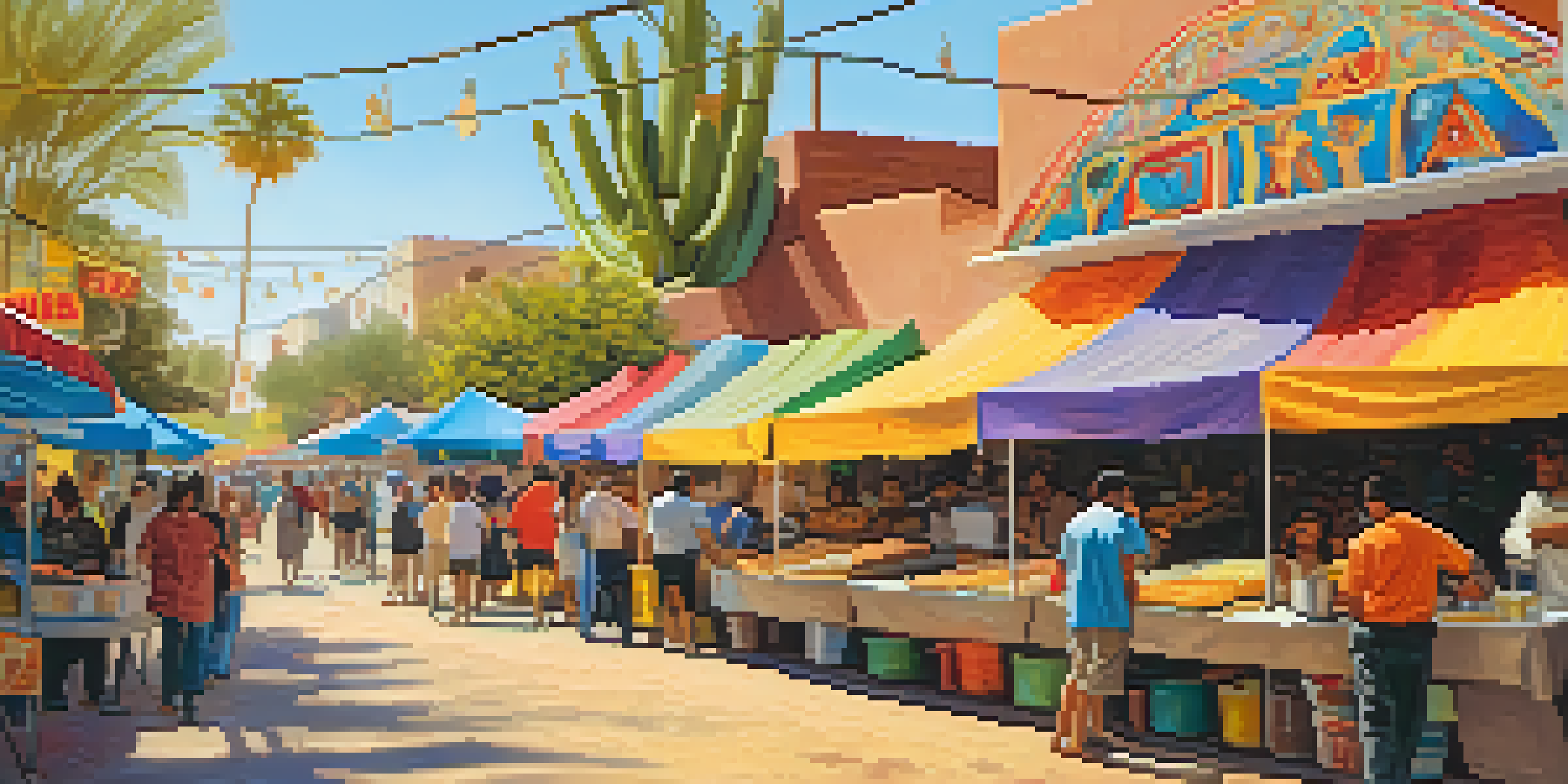 A bustling street food market in Arizona filled with people enjoying Mexican street food, colorful food stalls, and festive banners in a sunny atmosphere.