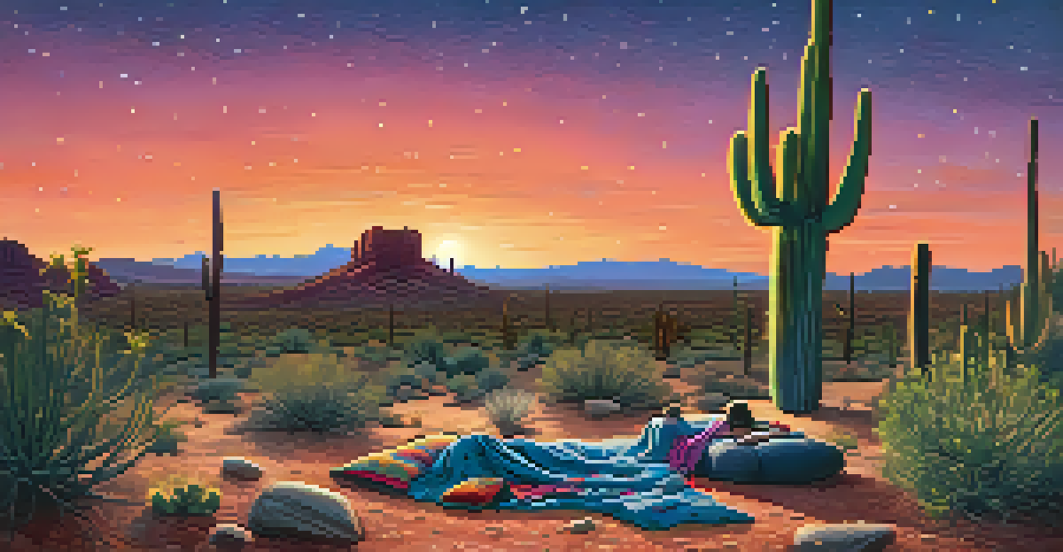 An Arizona desert under a meteor shower with a family enjoying the stargazing.