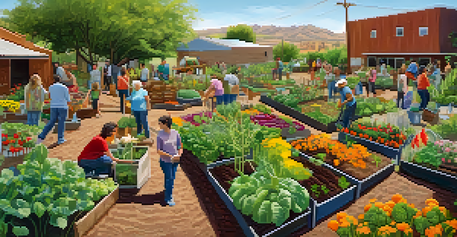 A community garden in Arizona with diverse residents working together amidst vegetables and flowers.
