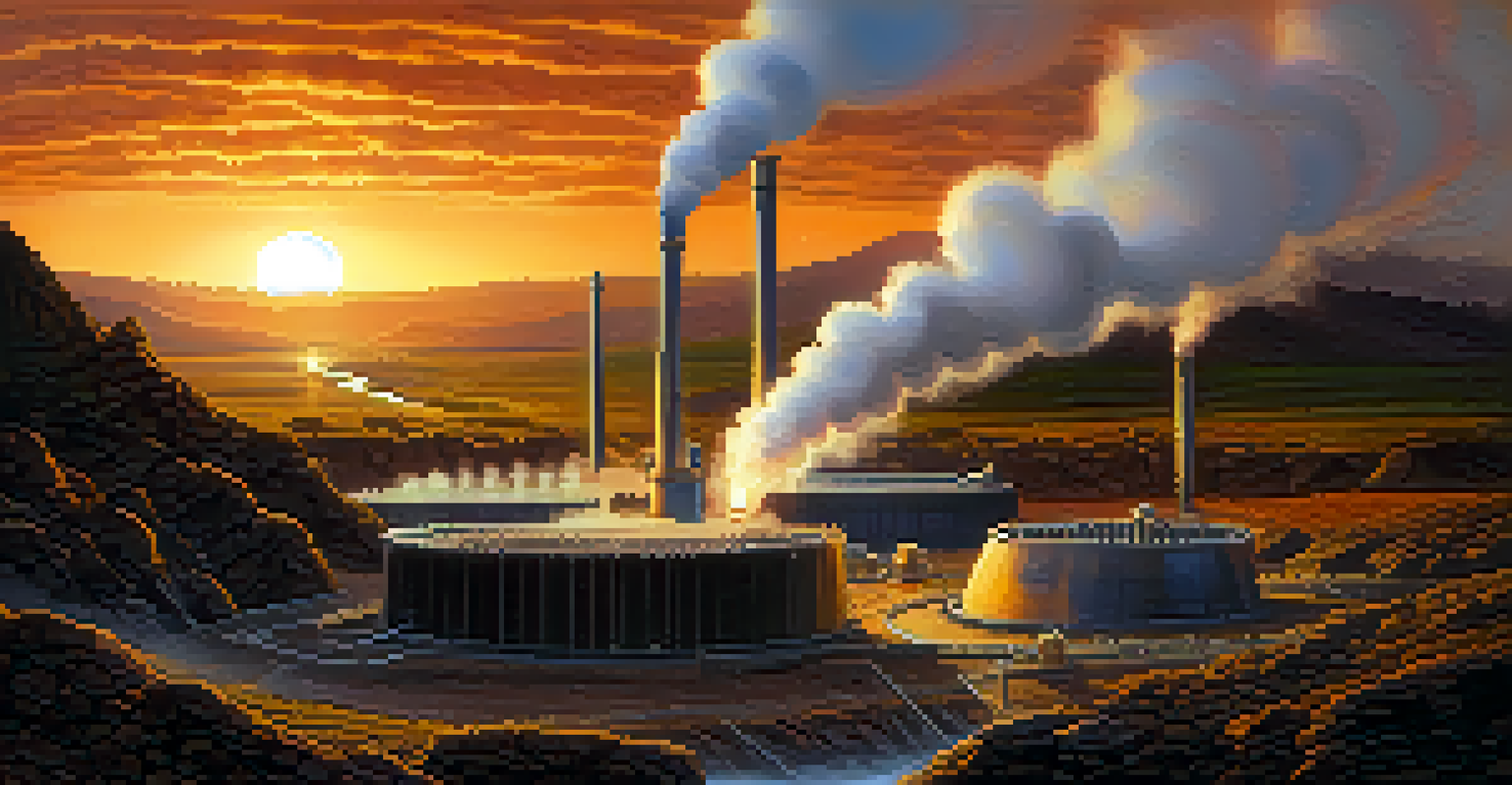 A geothermal power plant surrounded by volcanic rocks, with steam rising and a warm sunset glow.