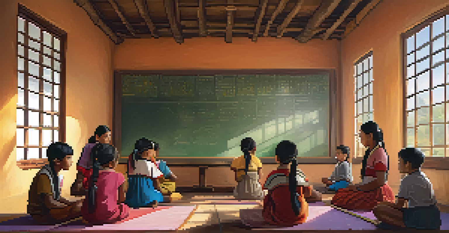 Children learning an Indigenous language in a culturally enriched classroom with a dedicated teacher and colorful decorations.