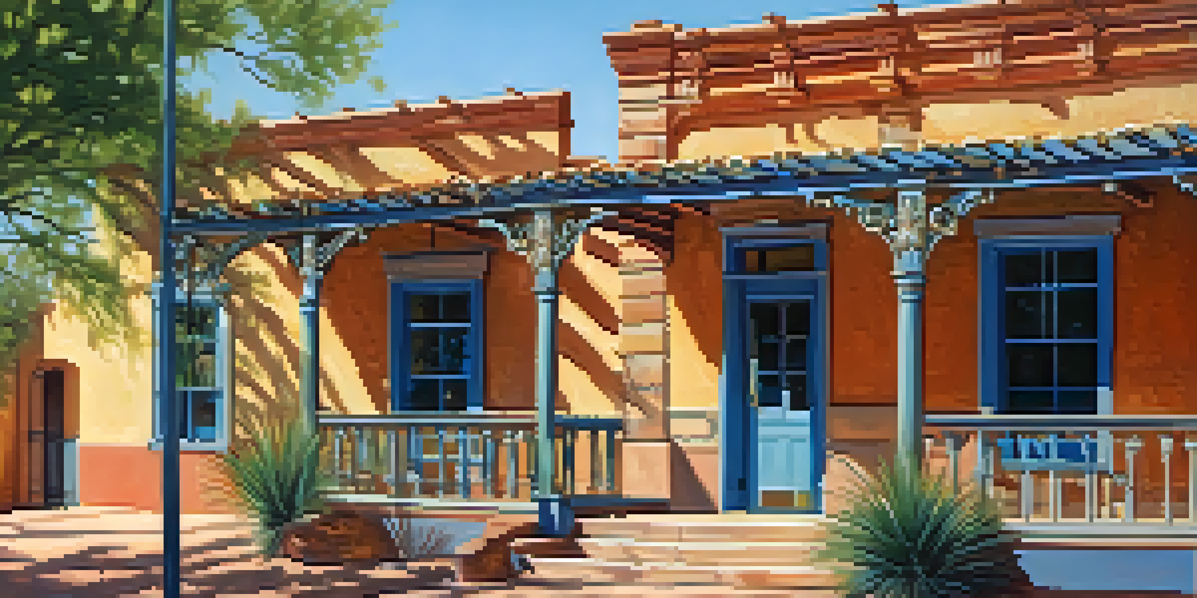 A restored historic building in Arizona, bathed in warm sunlight with blue skies and surrounding greenery.