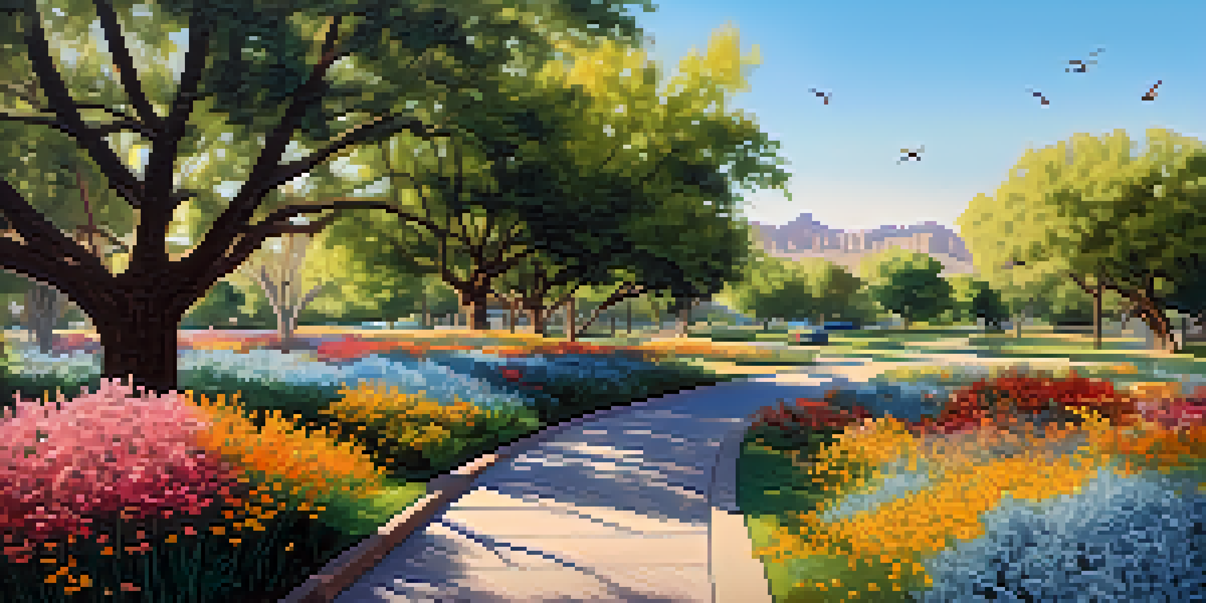 A peaceful urban park in Arizona with native wildflowers, trees, and wildlife under a blue sky.