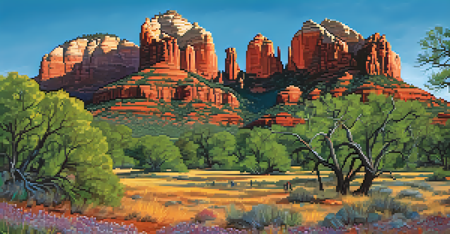 Red rock formations of Sedona with Cathedral Rock and hikers in a lush landscape.